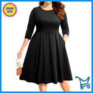 Fit and Flare Midi Dress with Pockets Semi Formal Office Work Wear Elegant